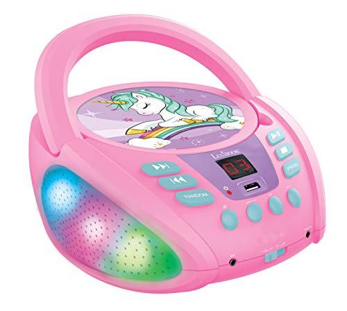 Lexibook RCD109UNI Einhorn-Bluetooth-CD-Player für Kinder-Tragbar, Lichteffekte, Mikrofonbuchse, Aux-In, Akku oder Netz, Mädchen, Jungen, Lila, Rosa von Lexibook