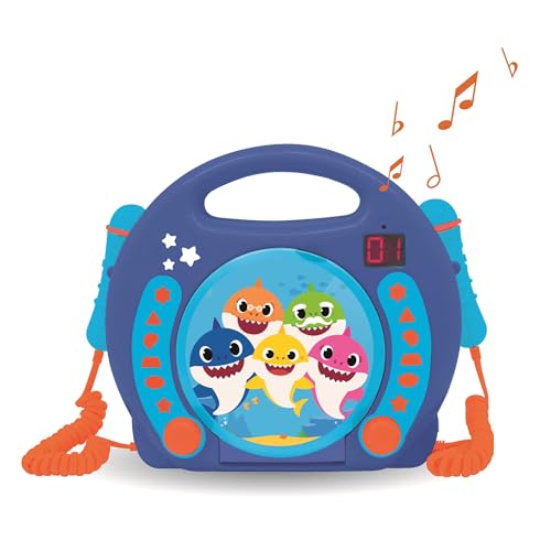 Lexibook RCDK100BS Pinkfong Baby Shark Nickelodeon-Karaoke-CD-Player mit 2 integrierten Mikrofonen, Programmierfunktion, Kopfhörer-Anschluss, für Kinder, AC-Betrieb oder Batterie, Blau/Orange von Lexibook