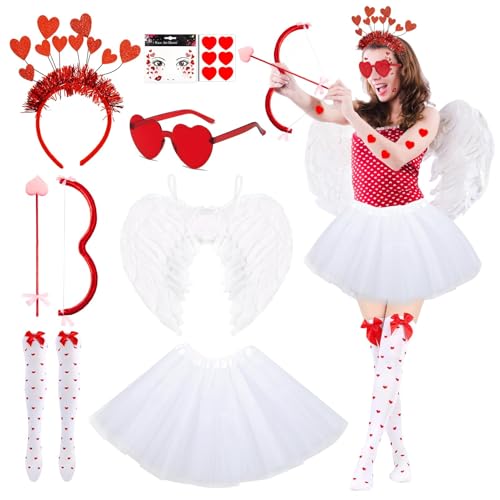 Amor Kostüm Set Damen Mit Tüllrock Engelsflügel Cupid Pfeil Und Bogen Herzbrille Herz Haarreif Gesichtsaufkleber Strumpfhose Aufkleber Romantische Amor Kostüme Accessoires Für Valentinstag Karneval von Lezehea