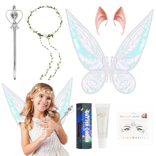 Feenflügel Kinder Erwachsene,Schmetterlingsflügel mit Elfenohren+Blumenkranz+Zauberstab+Glitter Gel+Glitzersteine Gesicht,Damen Mädchen Fairy Wings,für Karneval Geburtstag Halloween Weihnachten von Lezehea