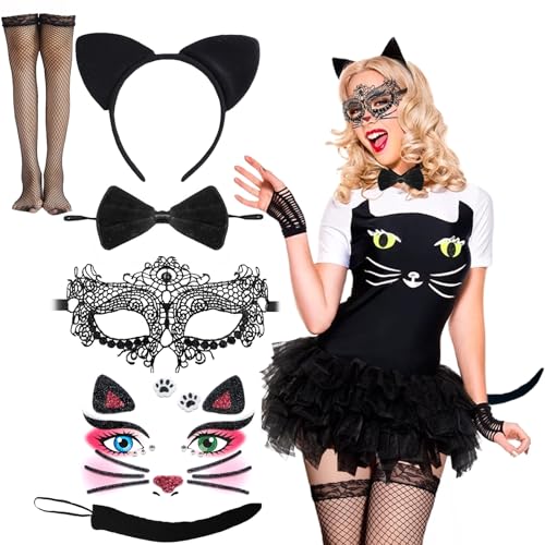 Lezehea Katzenkostüm Damen,Katzenohren Haarreif+Spitze Maske+Katzenschwanz+Fliege+Gesicht Kunst Aufkleber+Netzstrümpfe,Catwoman Kostüm Set für Fasching Karneval Halloween Cosplay Party von Lezehea