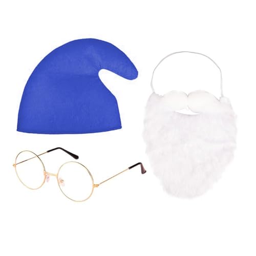 Lezevn 3 Stück Zwerg Kostüme Sieben Zwerg Schlumpf Set Zwerg Blauer Hut Gold Brille Bart Weihnachten Märchen Kostüme von Lezevn