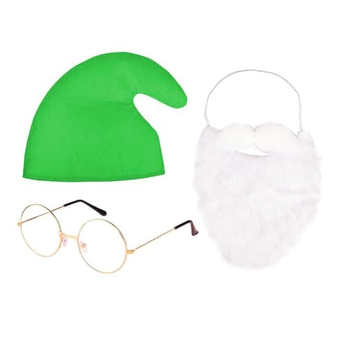 Lezevn 3 Stück Zwerg Kostüme Sieben Zwerg Schlumpf Set Zwerg Grün Hut Gold Brille Bart Weihnachten Märchen Kostüme von Lezevn