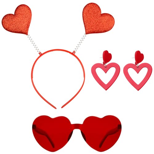 Lezevn 3 x Valentinstags-Accessoires, rotes Herz-Stirnband, Liebesherzform, Brille, Doppel-Herz-Ohrringe, Valentinstagsparty-Requisiten von Lezevn