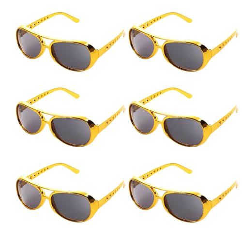 Lezevn 6pcs Gold Elvis Brille Gold Rockstar Stil Brille 50er Jahre Hippie Brille für Cosplay Kostüm Halloween Karneval Mottoparty von Lezevn