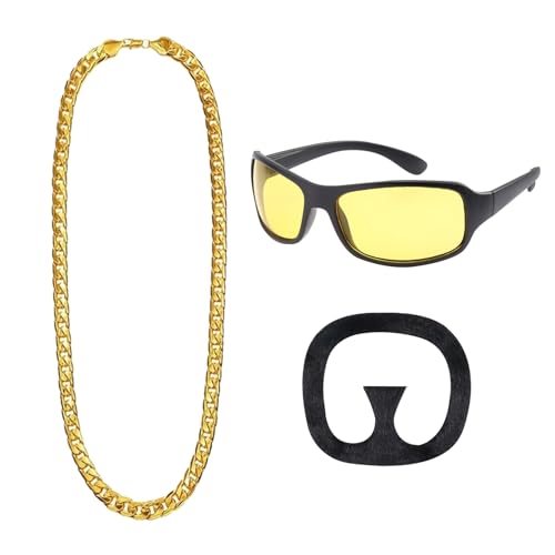 Lezevn 90er-Jahre-Kostüm, Sonnenbrille, schwarzer Ziegenbart, Goldkette, Rapper, lustiges Kostüm für Halloween-Kostüm, 3 Stück von Lezevn