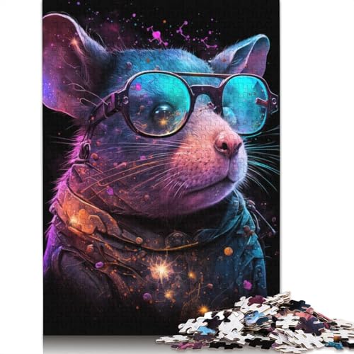 1000-teiliges Puzzle Kosmische Maus mit Brille, Puzzle für Erwachsene, Holzpuzzle, anspruchsvolles Spielpuzzle (Größe 75 x 50 cm) von LiJianXXE