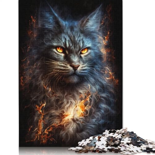 1000-teiliges Puzzle Maine Coon Cat Fire Puzzle für Erwachsene Holzpuzzle Lernspiel Herausforderungsspielzeug Größe: 75 x 50 cm von LiJianXXE