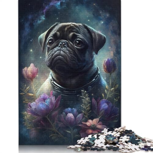 1000-teiliges Puzzle Mops mit Blumen Puzzle für Kinder Holzpuzzle Lernspiel für Erwachsene Kinder Größe: 75 x 50 cm von LiJianXXE