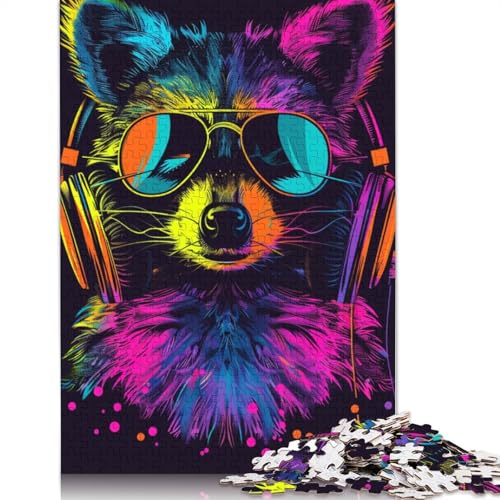 1000-teiliges Puzzle Waschbär mit Kopfhörern, Puzzle für Erwachsene, Kartonpuzzle, Lernspiel für Erwachsene und Kinder, Größe: 38 x 26 cm von LiJianXXE