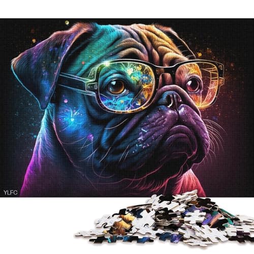 1000-teiliges Puzzle für Erwachsene, Mops mit Brille, Puzzle für Erwachsene, Kartonpuzzle, Lernspiele für Erwachsene und Kinder (Größe 38 * 26 cm) von LiJianXXE