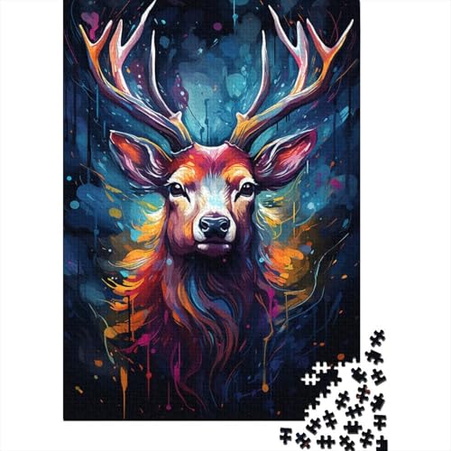 1000-teiliges Puzzle für Erwachsene mit farbenfrohem, psychedelischem Hirsch-Tier, Holzpuzzle, pädagogisches Denkspiel, lustiges Familienspiel (Größe 75 x 50 cm) von LiJianXXE