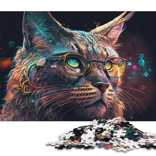 1000-teiliges Puzzle für Erwachsene und Kinder, Farbiger Luchs mit Brille, Puzzle für Erwachsene, Holzpuzzle, Heimdekoration (Größe 75 * 50 cm) von LiJianXXE