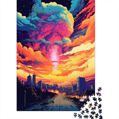 Farbenfrohes psychedelisches Vaporwave-Sonnenuntergangs-Stadt-Puzzle für Erwachsene, 1000 Teile, klassisches Puzzle, Holzpuzzle, Wandkunst, einzigartiges Spielzeug, Geschenk (Größe 75 x 50 cm) von LiJianXXE