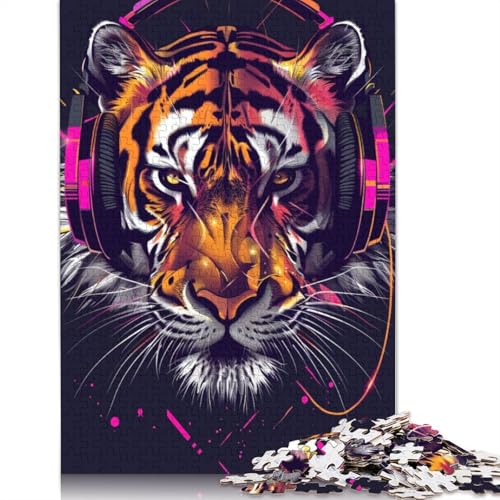 Lustiges Puzzle für Erwachsene, 1000 Teile, Tiger mit Kopfhörern, Puzzle für Erwachsene, Holzbrettpuzzle, pädagogisches Spielzeug zum Stressabbau, Puzzlegröße: 75 x 50 cm von LiJianXXE