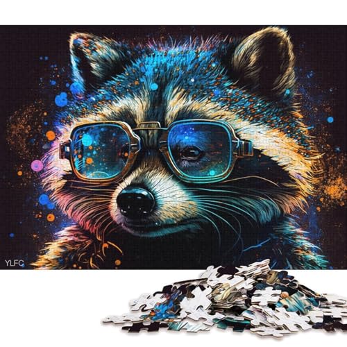 Puzzle 1000 Teile, Bunter Waschbär mit Brille, Puzzle für Erwachsene, Holzpuzzle, Heimdekoration (Größe 75 * 50 cm) von LiJianXXE