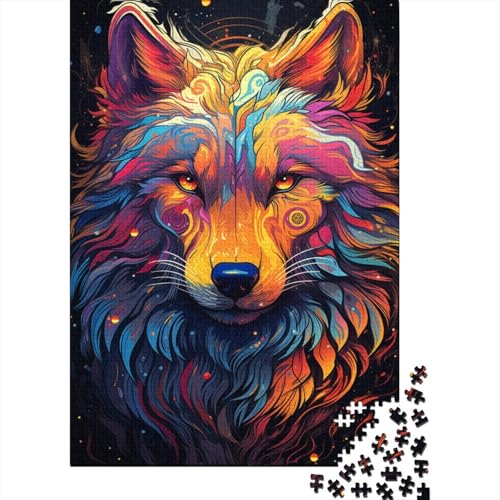 Puzzle 1000 Teile, farbenfrohes psychedelisches Wolfskunst-Puzzle für Erwachsene, Holzpuzzle, Lernspiel, Herausforderungsspielzeug, 50 x 75 cm von LiJianXXE