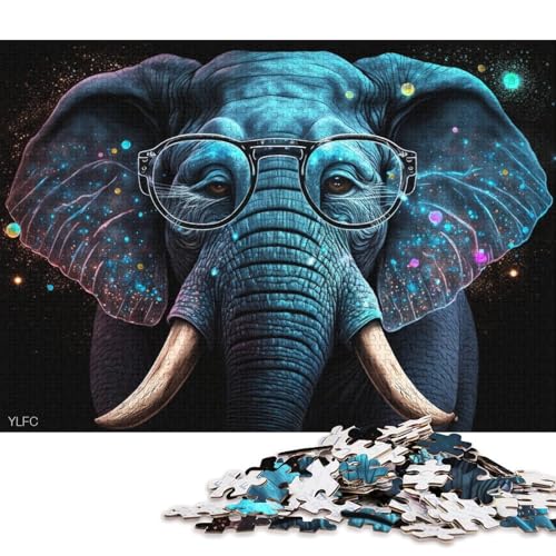 Puzzle 1000 Teile für Erwachsene, Kosmischer Elefant trägt eine Brille, Puzzle für Erwachsene, Holzpuzzle, Heimdekoration (Größe 75 * 50 cm) von LiJianXXE