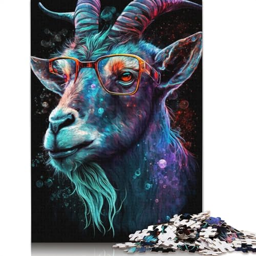 Puzzle 1000 Teile für Erwachsene, Ziege mit Brille, Puzzle für Erwachsene, Kartonpuzzle, Heimdekoration (Größe 38 x 26 cm) von LiJianXXE