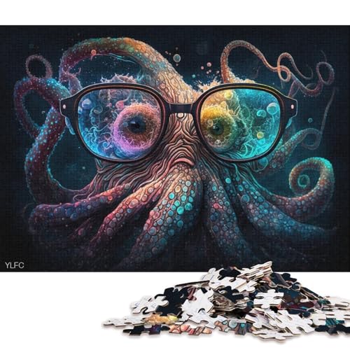 Puzzle Bunter Oktopus mit Brille für Erwachsene, 1000-teiliges Kartonpuzzle für Erwachsene und Kinder ab 12 Jahren, Kunstwerk, Geschenk (Größe 38 * 26 cm) von LiJianXXE