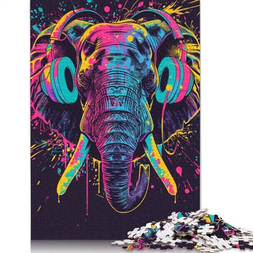 Puzzle Elefant mit Kopfhörern, 1000 Teile, Kartonpuzzle für Erwachsene und die Familie, tolles Geschenk für Erwachsene, Größe: 38 x 26 cm von LiJianXXE