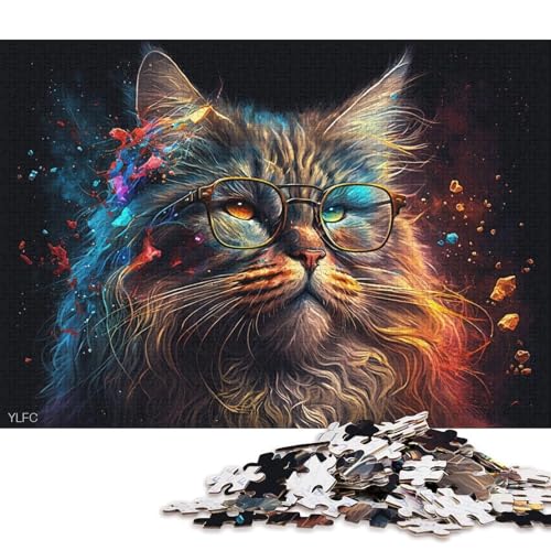 Puzzle für Erwachsene, 1000 Teile, Maine-Coon-Katze mit Brille, Puzzle für Erwachsene, Papppuzzle, tolles Geschenk für Erwachsene (Größe 38 * 26 cm) von LiJianXXE