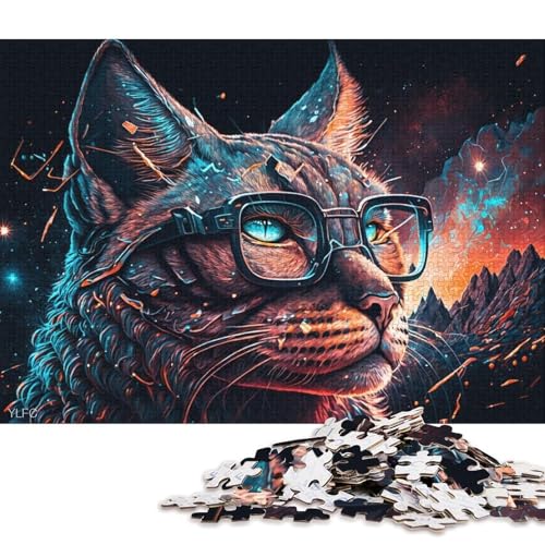 Puzzle für Erwachsene, Farbiger Luchs mit Brille, Puzzle für Erwachsene, 1000-teiliges Holzpuzzle, geeignet für Kinder ab 12 Jahren, großartig (Größe 75 * 50 cm) von LiJianXXE