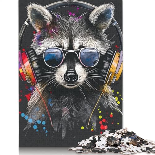 Puzzle für Erwachsene, Waschbär mit Kopfhörern, 1000-teiliges Puzzle, Kartonpuzzle für Erwachsene, Geschenke, pädagogisches Spielzeug zum Stressabbau, Puzzlegröße: 38 x 26 cm von LiJianXXE