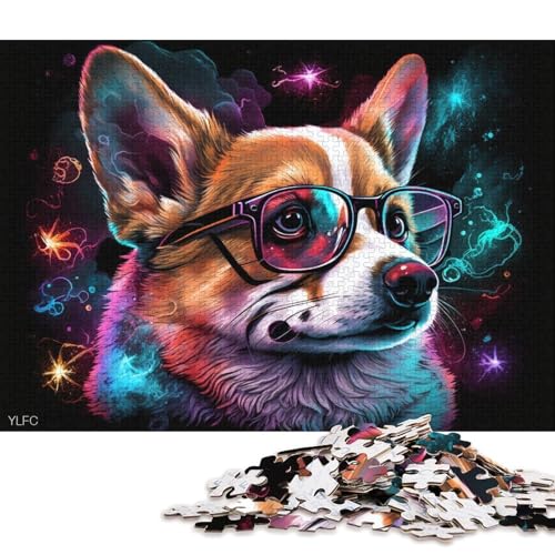 Puzzle für Erwachsene mit 1000 Teilen, Corgi mit Brille, Puzzle für Erwachsene, Holzpuzzle, Spielzeug, Wanddekoration (Größe 75 * 50 cm) von LiJianXXE