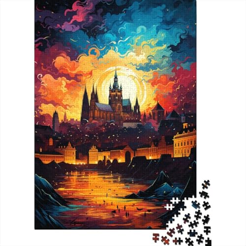 Puzzle für Erwachsene mit 1000 Teilen, Die farbenfrohe Psychedelie der Prager Burg, Puzzle für Erwachsene, Holzbrettpuzzle, lustiges Geschenk (Größe 75 x 50 cm) von LiJianXXE