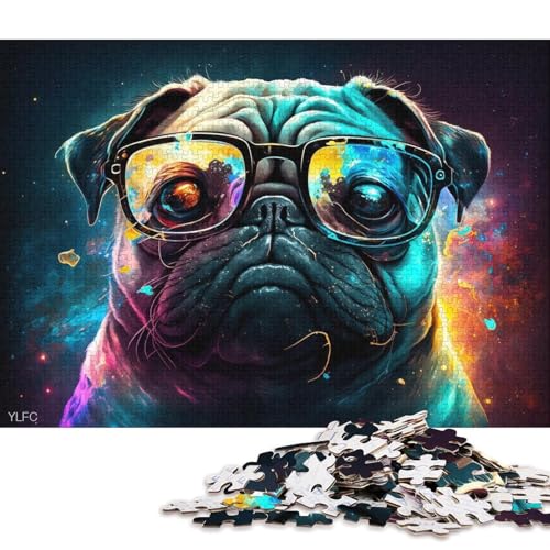 Puzzle für Erwachsene mit 1000 Teilen, Mops mit Brille, Puzzle für Erwachsene, Holzpuzzle, Spielzeug, Wanddekoration (Größe 75 * 50 cm) von LiJianXXE