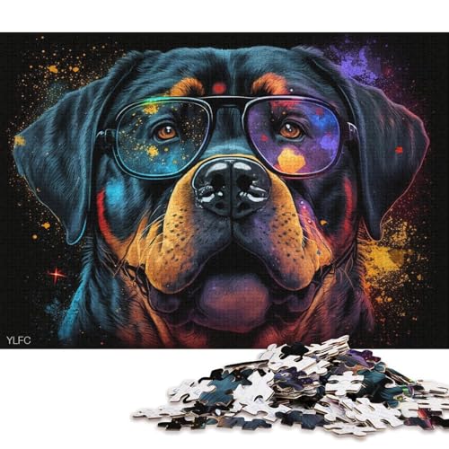 Puzzle für Erwachsene mit 1000 Teilen, bunter Rottweiler mit Brille, Puzzle für Erwachsene, Karton-Puzzle, Spielzeug, Wanddekoration (Größe 38 * 26 cm) von LiJianXXE