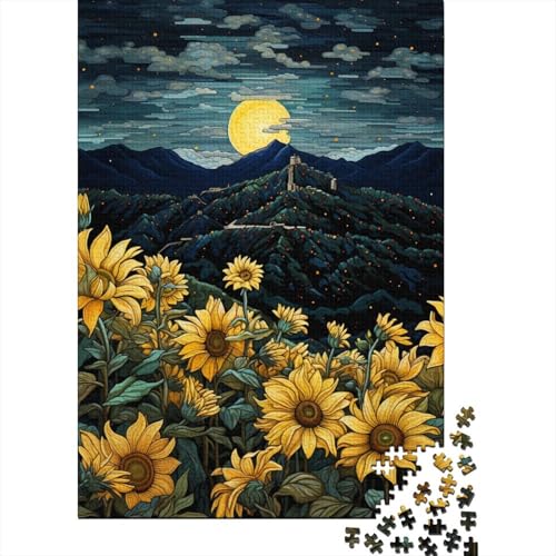 Puzzle für Erwachsene und Kinder, 1000 Teile, Sonnenblumen unter Nachtlicht, Puzzle aus Holz, Heimdekoration, Puzzle, 50 x 75 cm von LiJianXXE