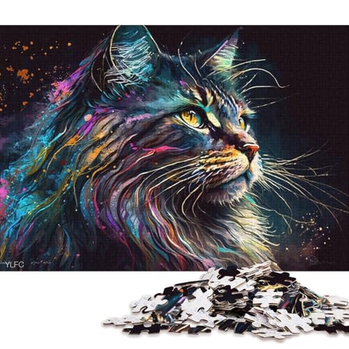 Puzzle mit 1000 Teilen, farbenfrohe Maine-Coon-Katze, Puzzles für Holzpuzzles, pädagogisches Spielzeug zum Stressabbau (Größe 75 * 50 cm) von LiJianXXE