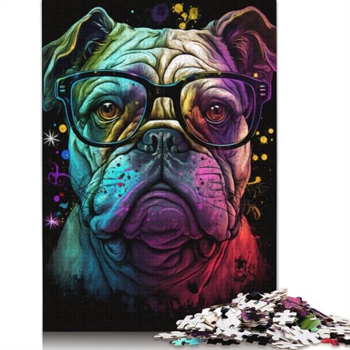 für Erwachsene, 1000-teiliges Puzzle Bulldogge mit Brille, für Erwachsene, Holzpuzzle, dekomprimierendes, intellektuelles Lernspielzeug (Größe 75 x 50 cm) von LiJianXXE