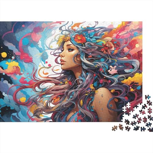 1000-teiliges Puzzle, farbenfrohe psychedelische Blumen und Frauen, Puzzles für Erwachsene und Kinder, Holzpuzzle, Spielzeug, Denkspiel, 50 x 75 cm von LiJianXXL