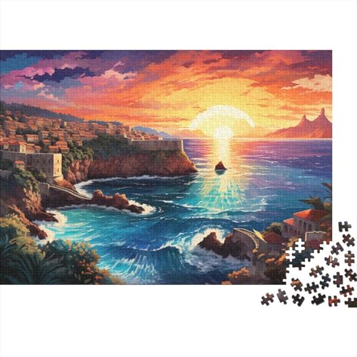 1000-teiliges Puzzle, farbenfrohes psychedelisches Dubrovnik-Hafen-Puzzle für Erwachsene, Holzpuzzle, Familienpuzzlespiel, 50 x 75 cm von LiJianXXL