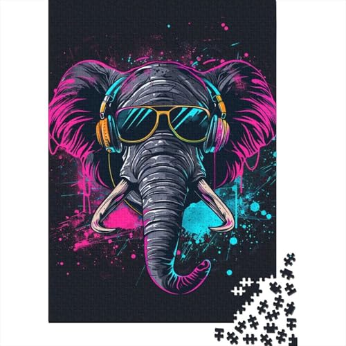 1000-teiliges Puzzle Elefant mit Kopfhörern Kreatives quadratisches Puzzle für Erwachsene und Kinder Holzpuzzle Spielzeug Denkspiel Größe: 75 x 50 cm von LiJianXXL