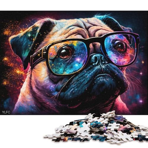 1000-teiliges Puzzle Mops mit Brille, Puzzle für Erwachsene, Kartonpuzzle, tolle Geschenke zu Weihnachten (Größe 38 * 26 cm) von LiJianXXL