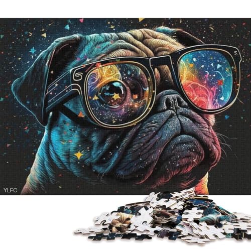 1000-teiliges Puzzle Mops mit Brille, Puzzle für Kinder, Holzpuzzle für Familienspaß und Spieleabend 75x50cm/1000 Teile von LiJianXXL