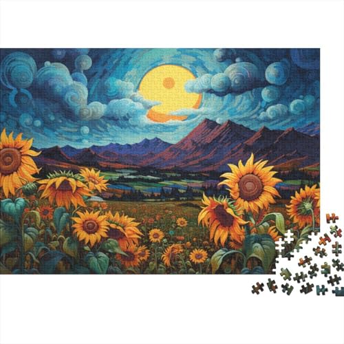 1000-teiliges Puzzle Sonnenblumen unter dem Mond in der Nacht Puzzle für Erwachsene Holzpuzzle Lernspiel Herausforderungsspielzeug 50x75 cm von LiJianXXL