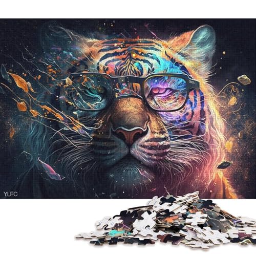 1000-teiliges Puzzle Tiger mit Brille, Puzzle für Erwachsene, Kartonpuzzle, Familiendekoration (Größe 38 * 26 cm) von LiJianXXL