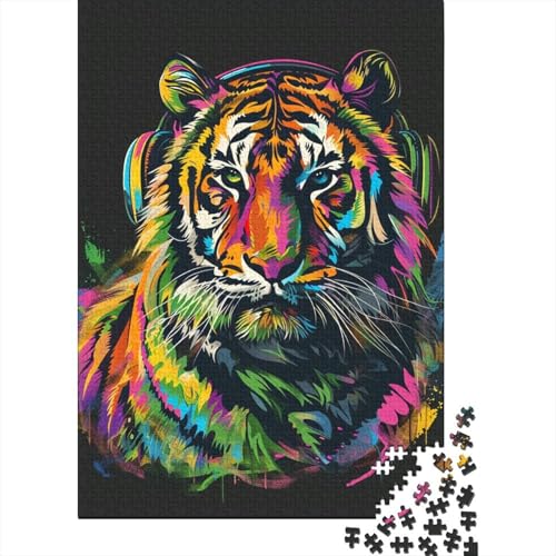 1000-teiliges Puzzle Tiger mit Kopfhörern Puzzles für Erwachsene Holzpuzzles Lernspiele für Erwachsene und Kinder Größe: 75 x 50 cm von LiJianXXL