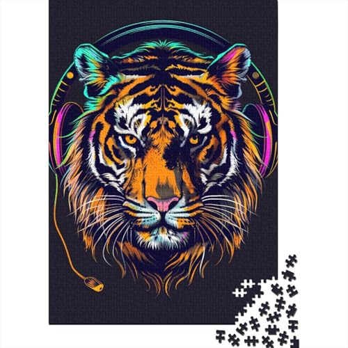 1000-teiliges Puzzle für Erwachsene, Tiger mit Kopfhörern, Puzzle für Erwachsene und Kinder, Holzpuzzle, Heimdekoration, Größe: 75 x 50 cm von LiJianXXL