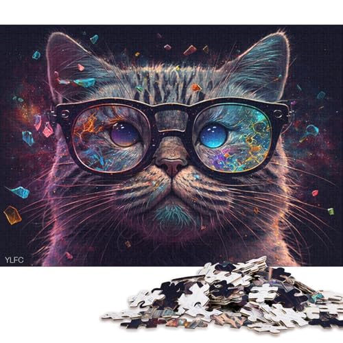 1000-teiliges Puzzle für Erwachsene, buntes Kätzchen mit Brille, Puzzle für Erwachsene, Holzpuzzle, tolles Geschenk für Erwachsene (Größe 75 * 50 cm) von LiJianXXL