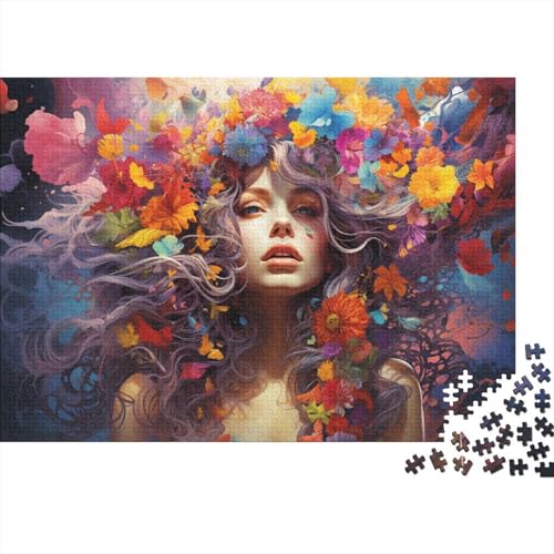 1000-teiliges Puzzle für Erwachsene und Kinder, farbenfrohe psychedelische Kunst, Blumenfrau, Puzzle für Kinder, Holzpuzzle, Spielzeug, Denkspiel, 50 x 75 cm von LiJianXXL