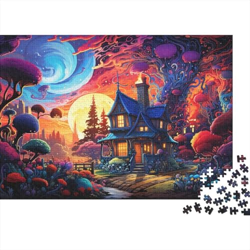 1000-teiliges Puzzle für Erwachsene und Kinder, farbenfrohes psychedelisches Blumenhaus-Puzzle für Kinder, Holzpuzzle, Spielzeug, Denkspiel, 50 x 75 cm von LiJianXXL