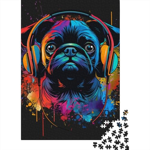 1000-teiliges Puzzle mit Mops-Hundekunst, kreatives quadratisches Puzzle für Erwachsene und Kinder, Holzpuzzle, Spielzeug, Denkspiel, Größe: 75 x 50 cm von LiJianXXL