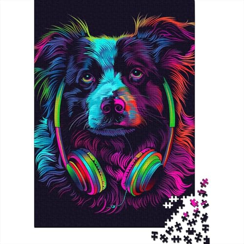 1000-teiliges Puzzlespiel DJ Neon Border Collie Puzzle für Erwachsene Holzpuzzle Lernspiel Herausforderungsspielzeug Größe: 75 x 50 cm von LiJianXXL