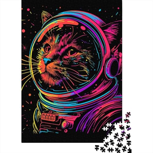 Puzzle 1000 Teile Neon-Astronautenkatze, quadratisches Puzzle für Erwachsene und Kinder, Holzpuzzle, Lernspielzeug, Größe: 75 x 50 cm von LiJianXXL